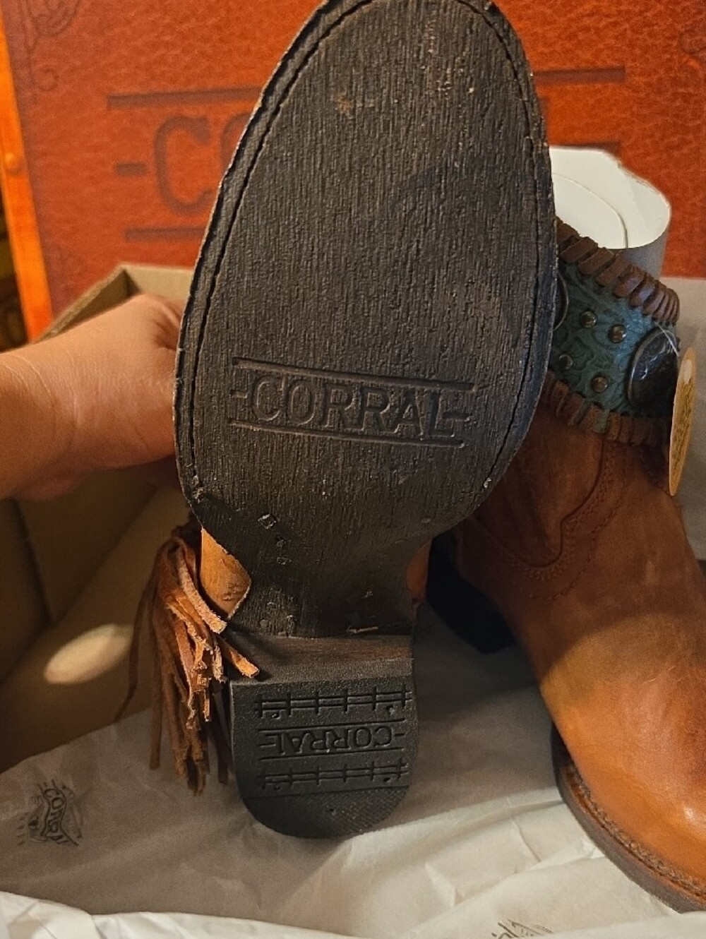 Corral Brown Leather Ankle Boots with Turquoise Trim - Picture 3 of 3